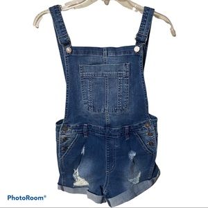 KanCan overall shorts with distressing